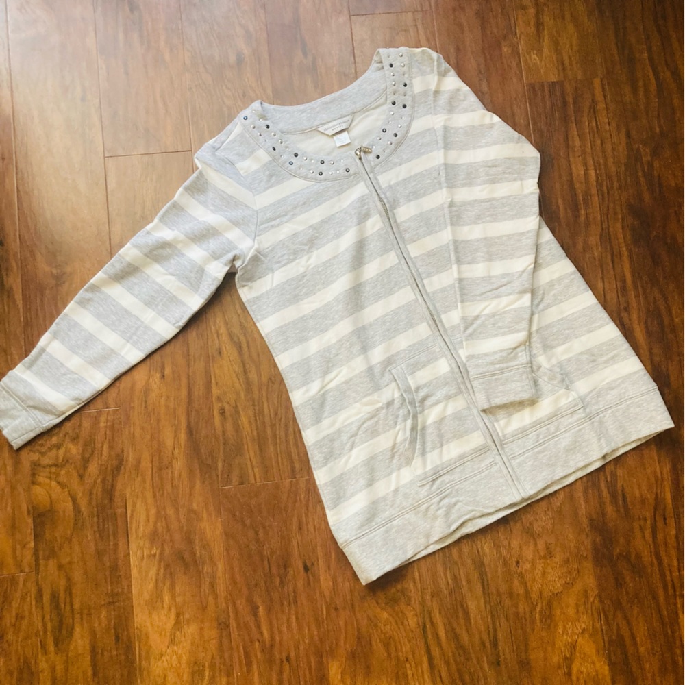 Christopher & Banks Grey and white striped women’s zip up jacket